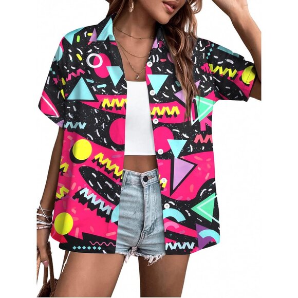 Tops - 80s 90s Neon Hawaiian Shirt Women Retro Disco Top Short Sleeve Party Wear
